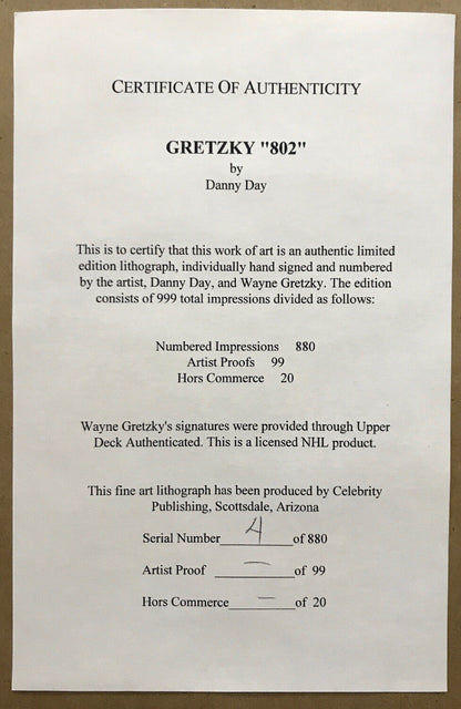 Wayne Gretzky Signed 802 HOF Danny Day litho framed 2 auto COA LE/880 Oilers Cup