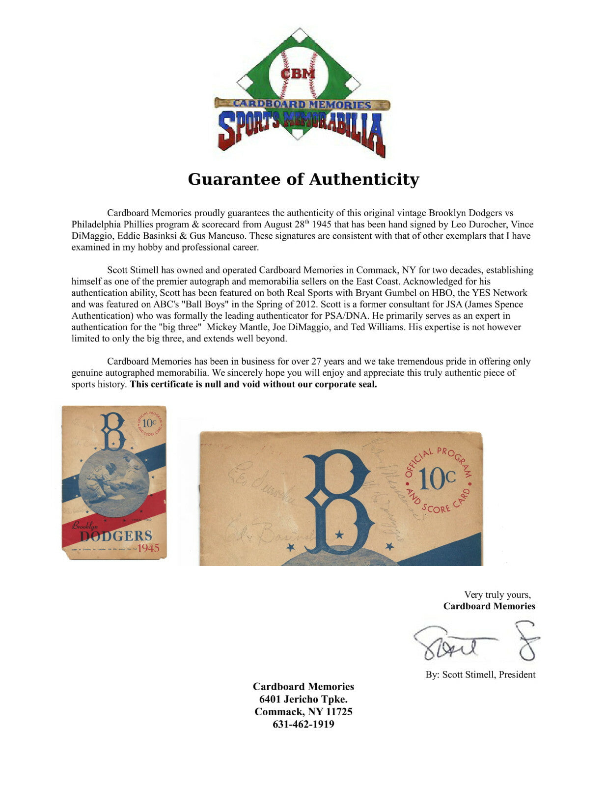 Brooklyn Dodgers vs Phillies signed 1945 program 4 auto Leo Durocher CBM COA