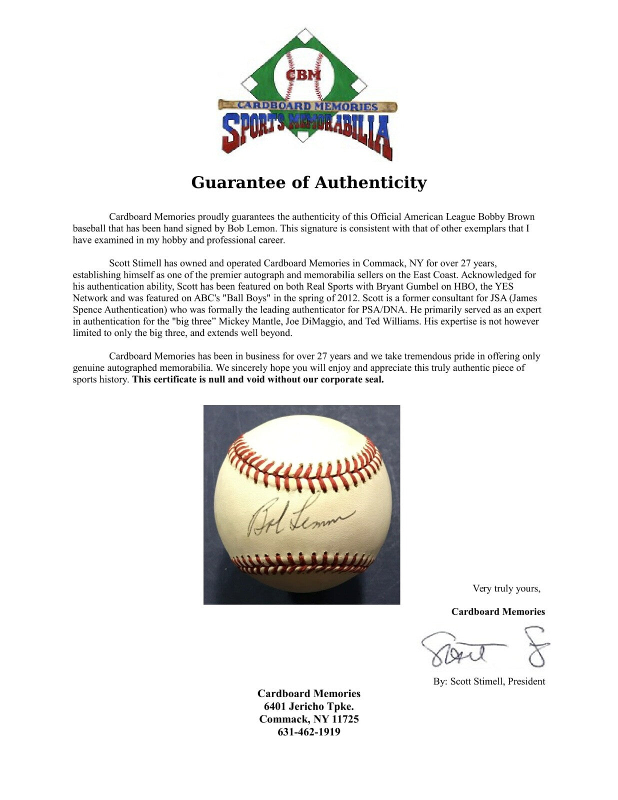 Bob Lemon Signed AL Bobby Brown Baseball HOF Autograph Indians Yankees CBM COA