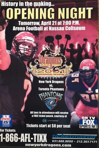 New York Dragons Inaugural Season Opening Night 2001 AFL Football Poster 24x36