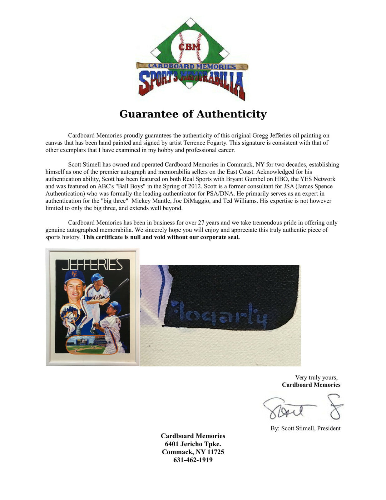 Terrence Fogarty signed Gregg Jefferies Painting 1/1 Mets Canvas framed auto