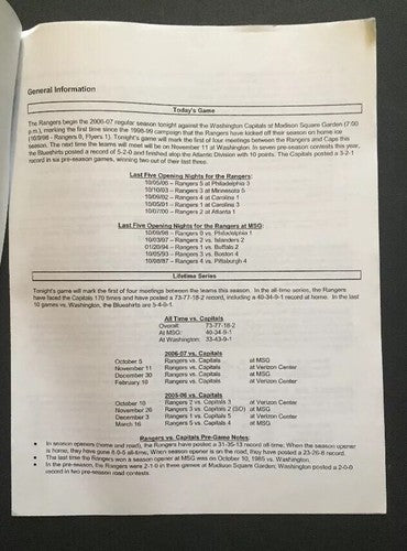 NY Rangers 2006 Opening Night Broadway Blue Program Lundqvist Jagr Media Notes