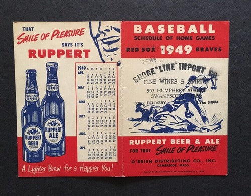 1949 ORIGINAL SCHEDULE CARD Boston RED SOX & BRAVES RUPPERT ALE BEER Rare Crisp