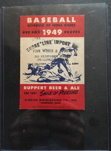 1949 ORIGINAL SCHEDULE CARD Boston RED SOX & BRAVES RUPPERT ALE BEER Rare Crisp