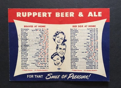 1949 ORIGINAL SCHEDULE CARD Boston RED SOX & BRAVES RUPPERT ALE BEER Rare Crisp