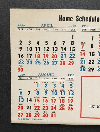 1950 ORIGINAL SCHEDULE CARD BOSTON RED SOX & BRAVES Melrose Appliance Rare Crisp