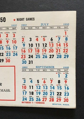 1950 ORIGINAL SCHEDULE CARD BOSTON RED SOX & BRAVES Melrose Appliance Rare Crisp