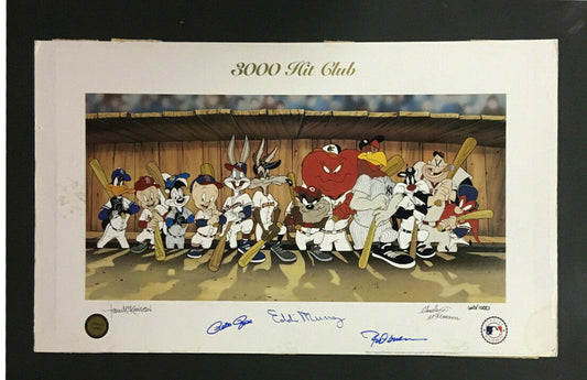 Pete Rose Eddie Murray Rod Carew signed 3000 hit Looney Tunes litho 3 auto COA