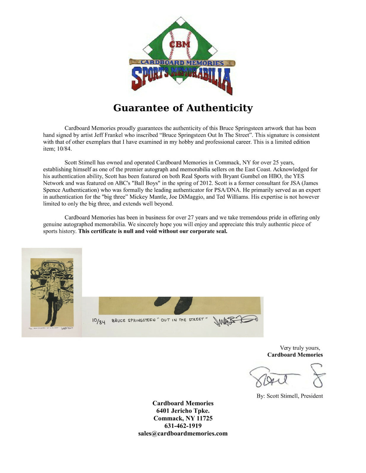Jeff Frankel signed Bruce Springsteen Out In the Street Art framed auto COA /84