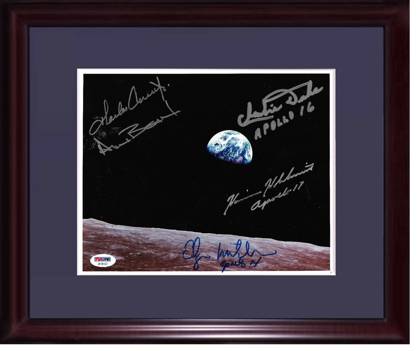 Apollo Astronauts signed Framed Moon photo Harrison Schmitt Edgar Mitchell PSA