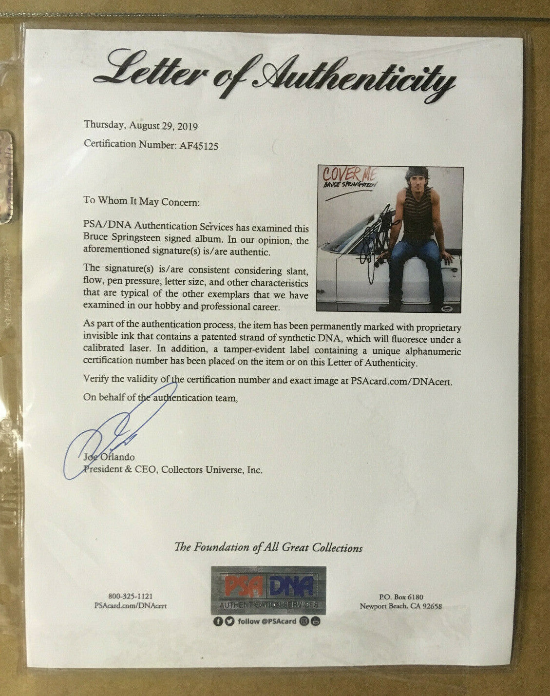Bruce Springsteen signed Cover Me Record album framed Mint autograph PSA Dna LOA