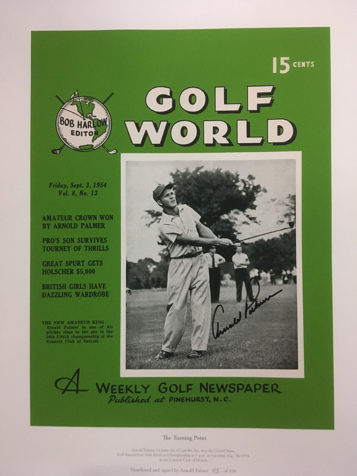 Arnold Palmer signed 1954 Turning Point Golf World Litho framed auto /100