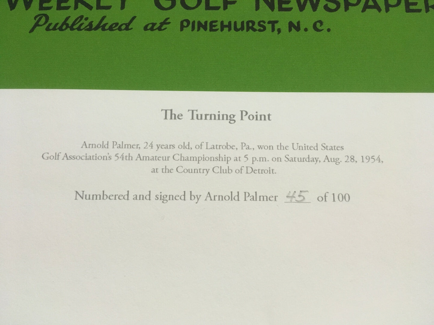 Arnold Palmer signed 1954 Turning Point Golf World Litho framed auto /100