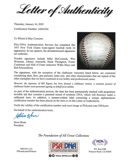 1957 NY Giants Signed NL Baseball 24 Auto Willie Mays Red Schoendienst PSA Loa