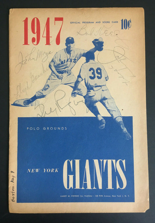 NY Giants vs Braves signed 8/9/1947 Program 5 auto Johnny Mize Bill Rigney COA