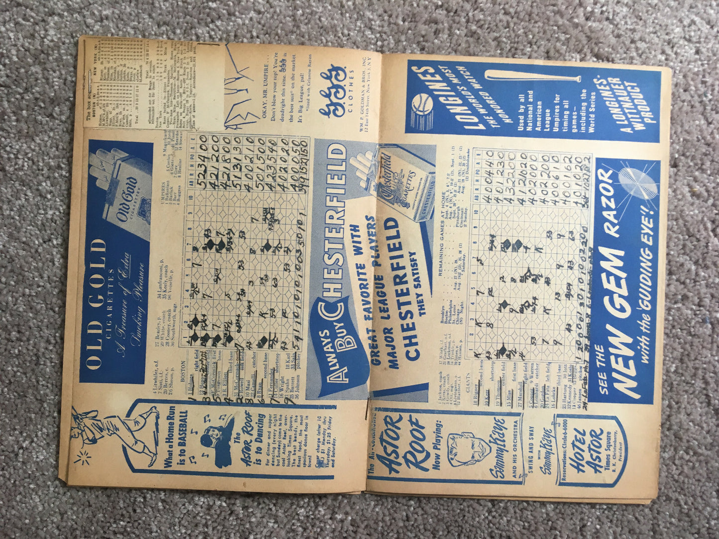 NY Giants vs Braves signed 8/9/1947 Program 5 auto Johnny Mize Bill Rigney COA