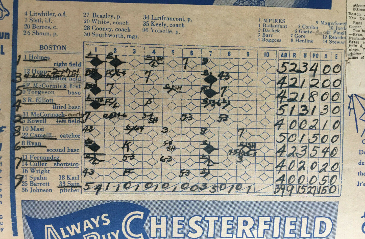 NY Giants vs Braves signed 8/9/1947 Program 5 auto Johnny Mize Bill Rigney COA