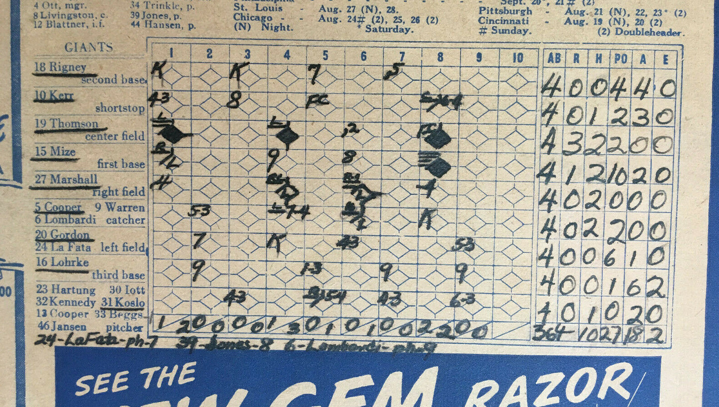 NY Giants vs Braves signed 8/9/1947 Program 5 auto Johnny Mize Bill Rigney COA