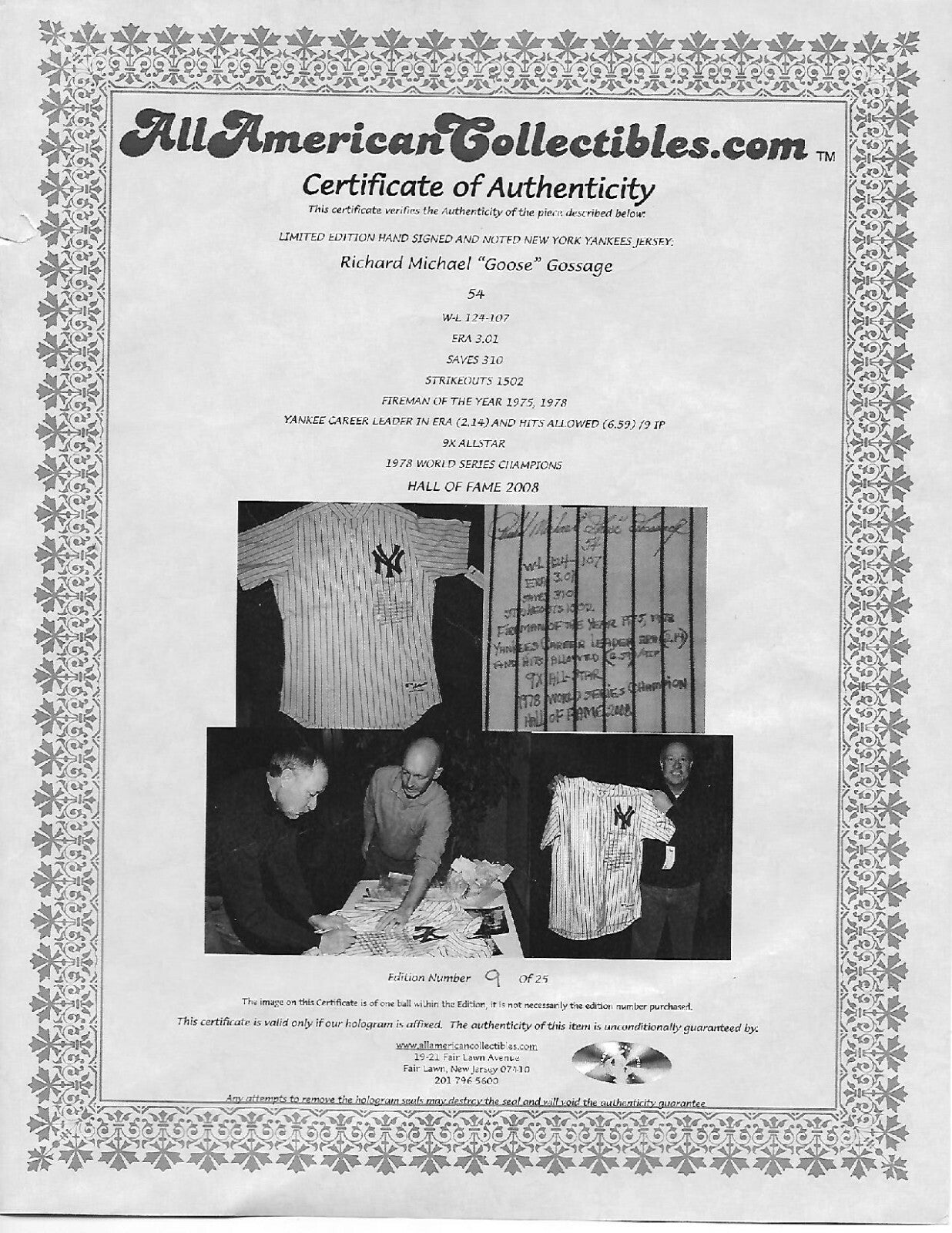 Goose Gossage Yankees signed stat jersey #54 Mint Autograph HOF 2008 COA LE /25