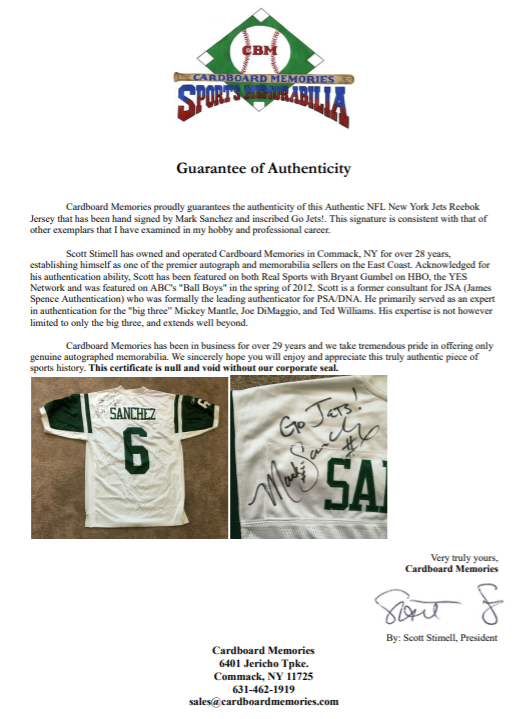 Mark Sanchez signed Authentic Reebok NY Jets Jersey Autograph INS CBM COA