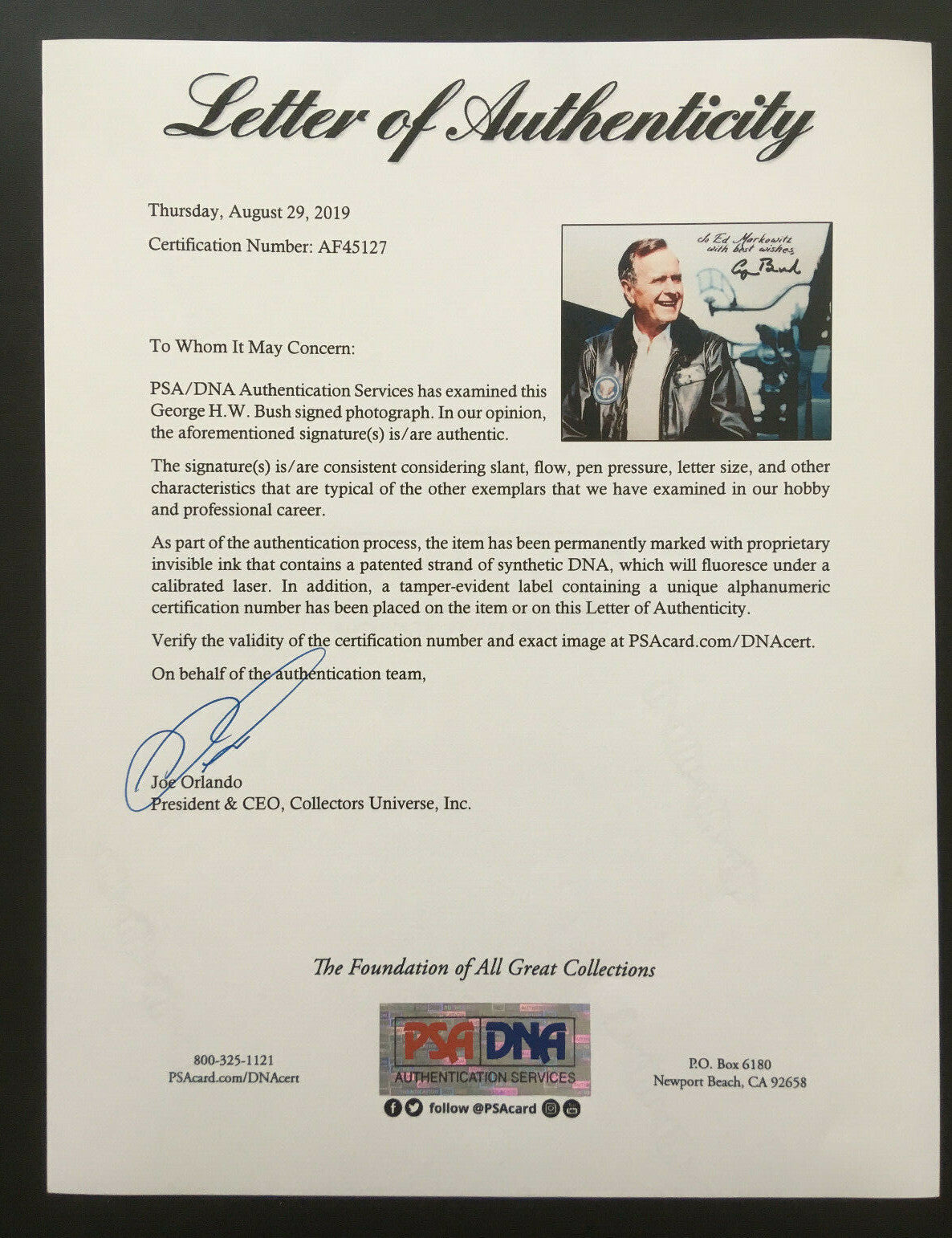 George HW Bush 41st President USA Signed 8x10 photo Autograph PSA Letter Coa
