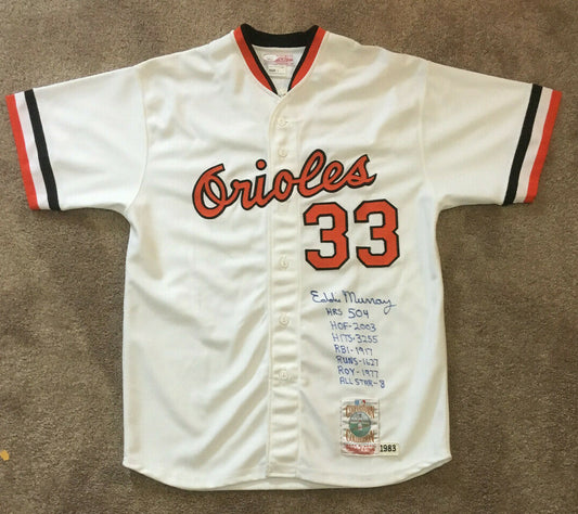 Eddie Murray signed 1983 Mitchell & Ness 7 Stat Orioles jersey HOF Auto JSA COA