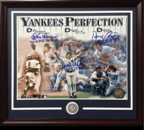 Don Larsen David Cone David Wells signed PG Yankees 11x14 Photo Framed Holo COA