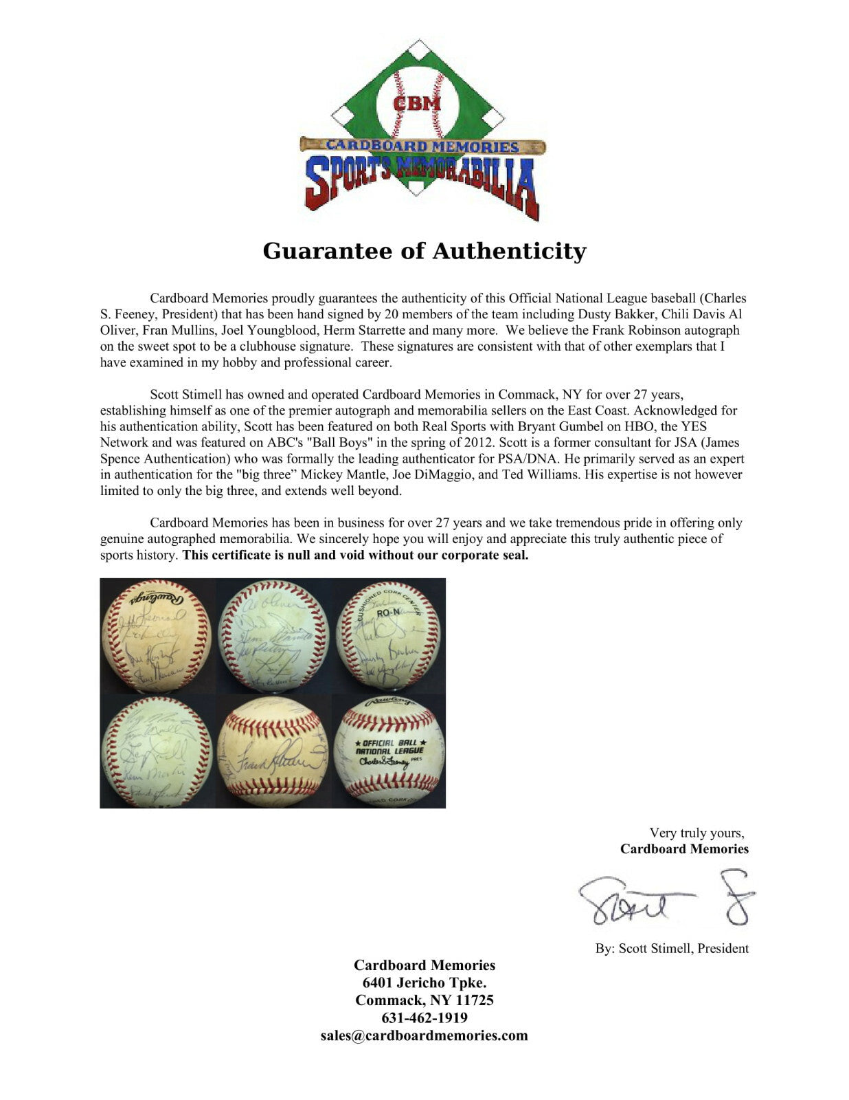 1984 SF Giants signed Official NL Baseball 20 Auto Dusty Baker Al Oliver COA