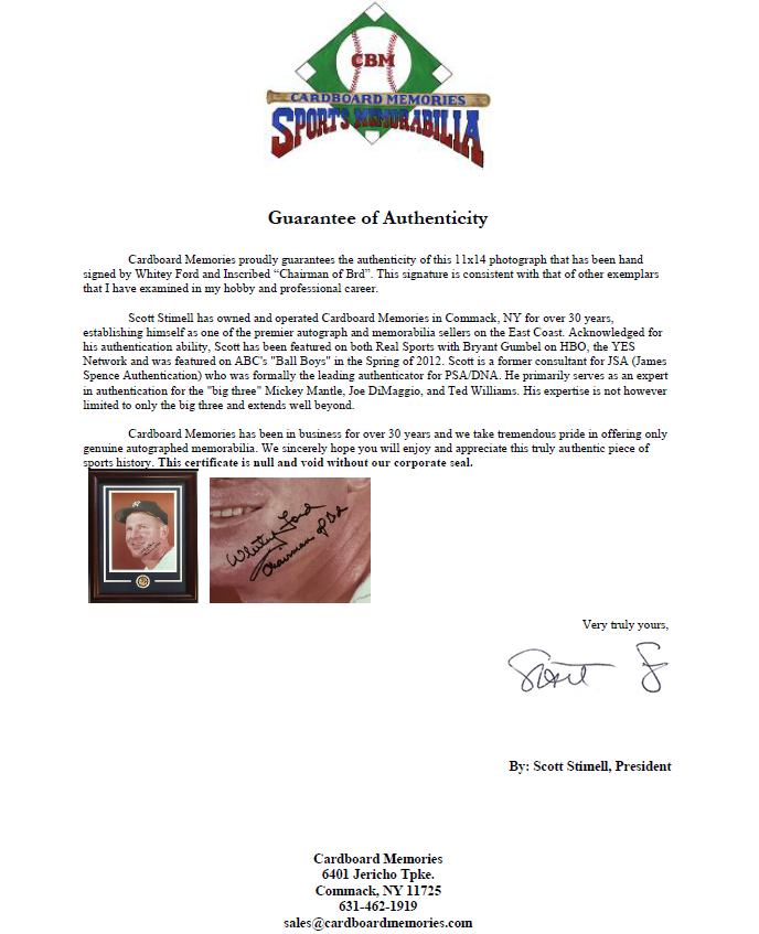 Whitey Ford signed 11x14 Photo Chairman Of  Board Hof Auto framed Yankees COA