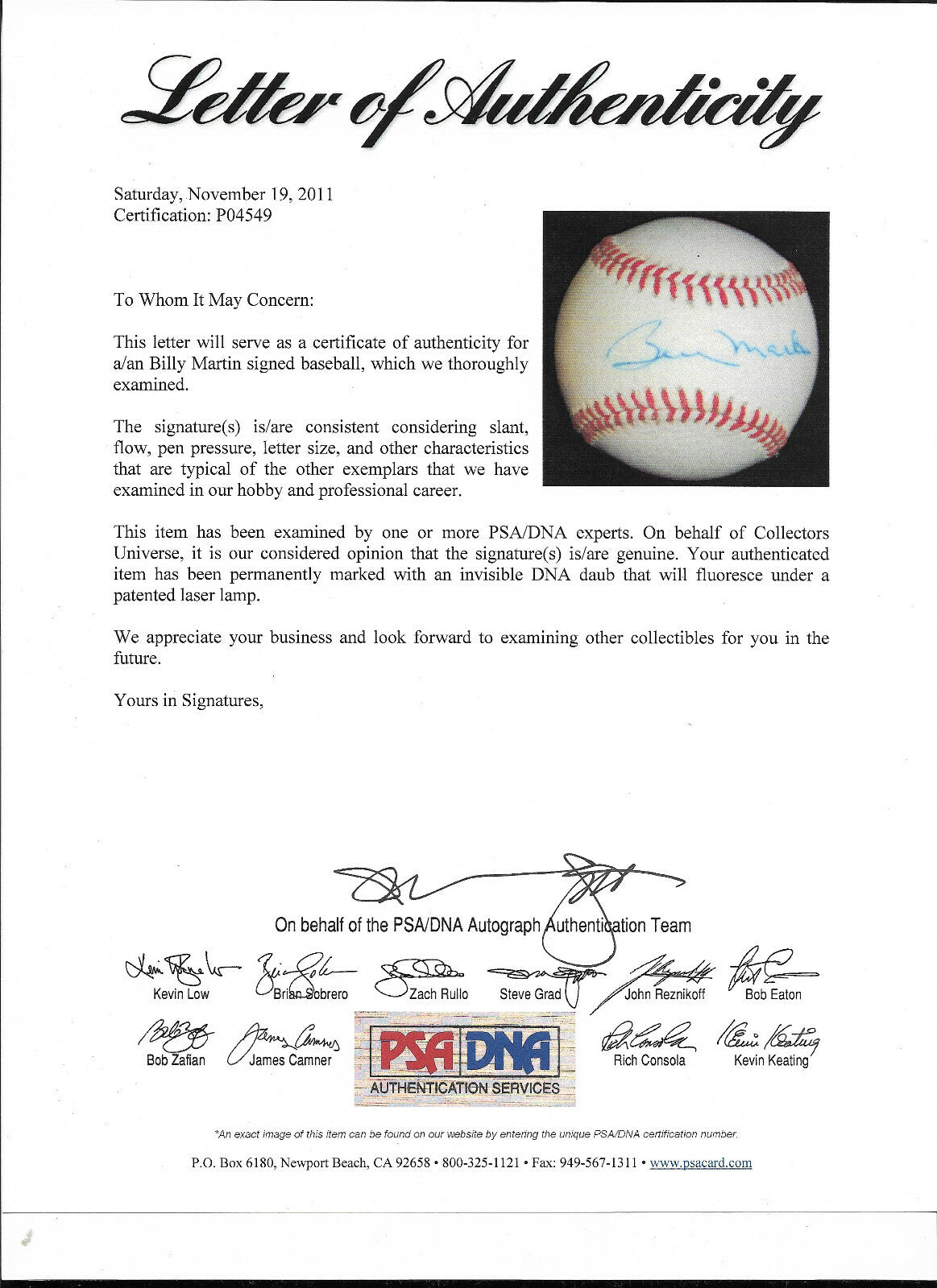 Billy Martin Ny Yankees signed Official AL Baseball Autograph PSA LOA