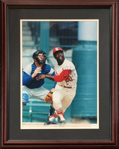Lou Brock Signed Signed 14x20 Stat photo 3023 Hits HOF 1985 framed Auto JSA COA