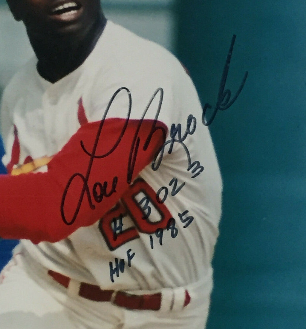 Lou Brock Signed Signed 14x20 Stat photo 3023 Hits HOF 1985 framed Auto JSA COA