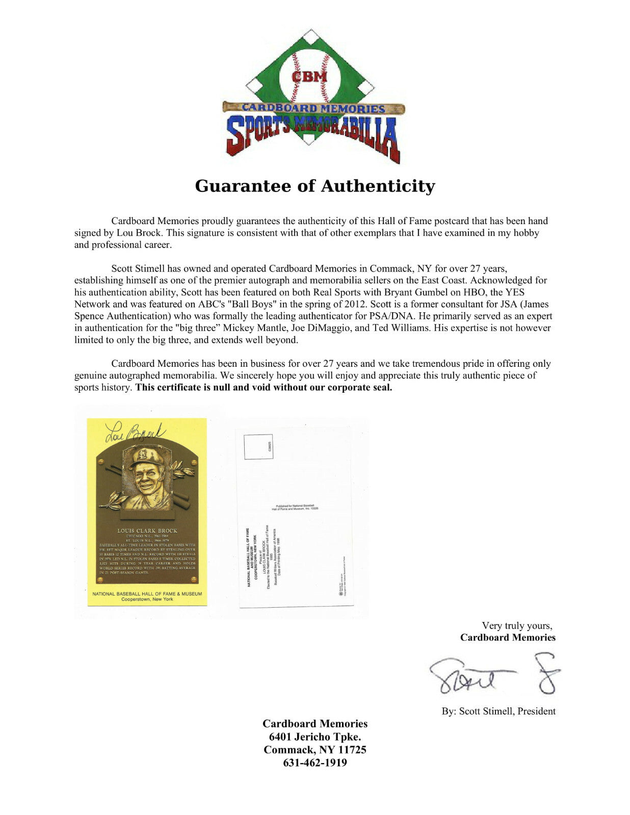 Lou Brock Cardinals Signed Hall of Fame HOF Postcard Autograph CBM COA