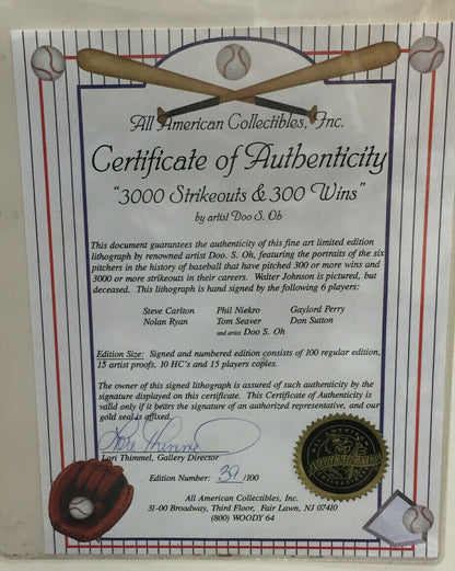 300 Wins 3000 K Signed 6 Auto Doo S Oh litho framed Tom Seaver Ryan COA /100