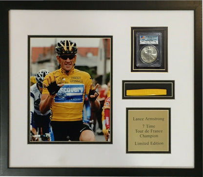 Lance Armstrong Signed 2003 MS69 AMERICAN Silver Eagle Coin framed photo  COA