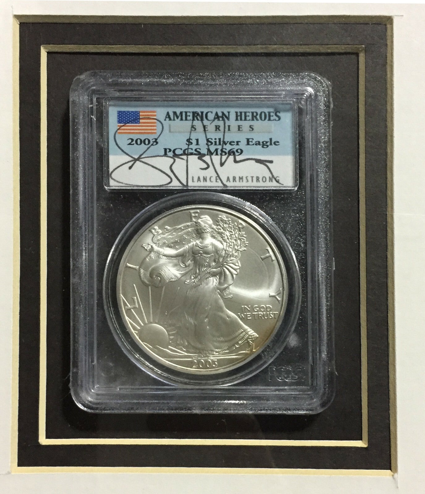 Lance Armstrong Signed 2003 MS69 AMERICAN Silver Eagle Coin framed photo  COA