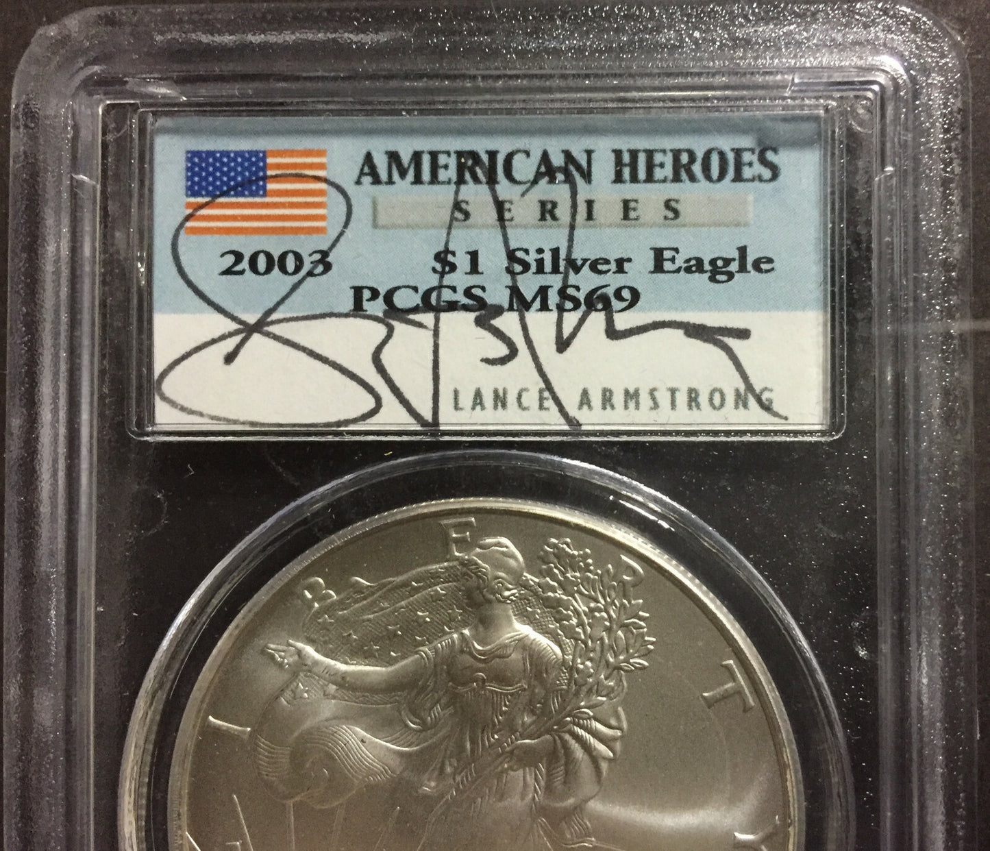 Lance Armstrong Signed 2003 MS69 AMERICAN Silver Eagle Coin framed photo  COA