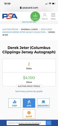 2002 Fleer Legacy Derek Jeter Columbus Clippings Jersey Bgs 10 Auto Mint 9 Card