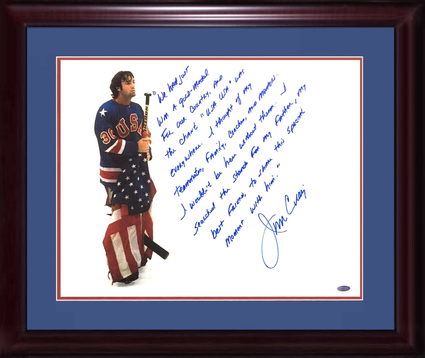 Jim Craig Signed INS 16x20 1980 Olympic Gold Story Photo Framed Auto Steiner COA
