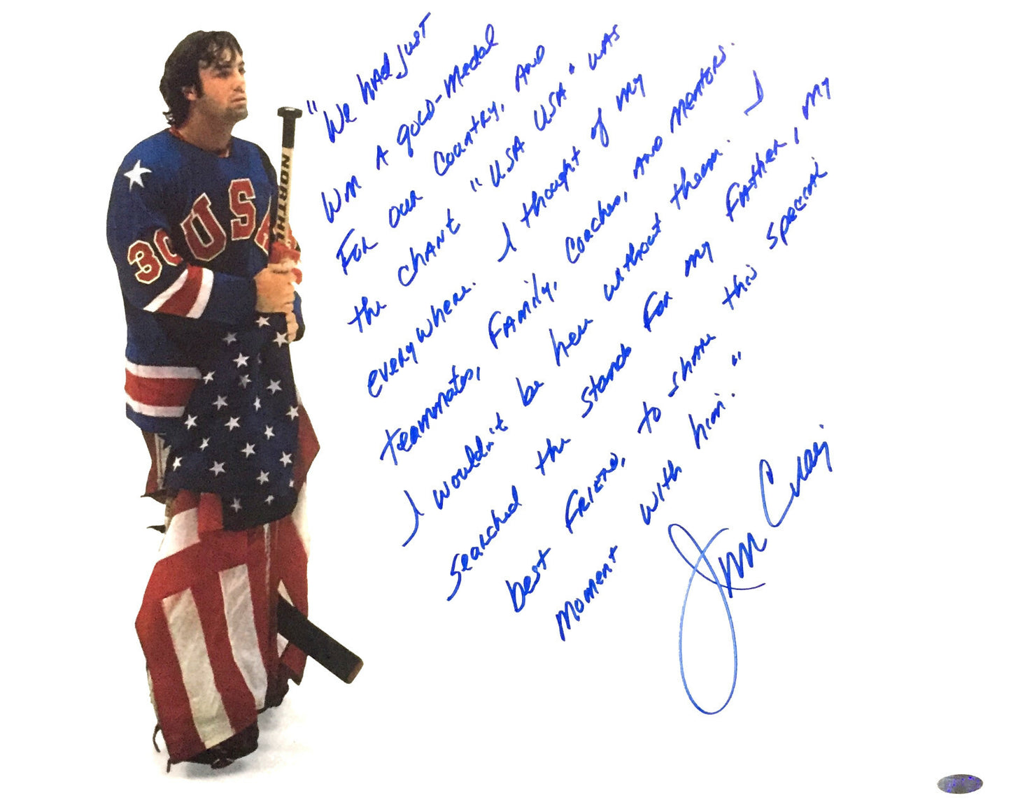 Jim Craig Signed INS 16x20 1980 Olympic Gold Story Photo Framed Auto Steiner COA