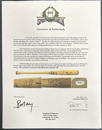 Kirby Puckett Signed Game Used Bat P339 Hanging Like a Sack of Nuts Auto PSA Coa