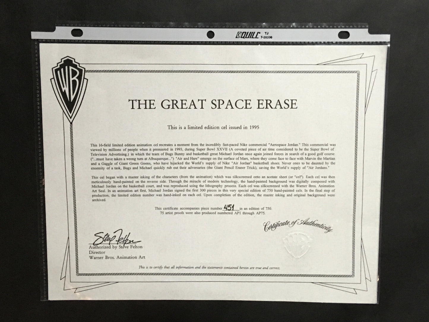 Michael Jordan Warner Bros Great Space Erase Space Jam hand painted cel COA /750