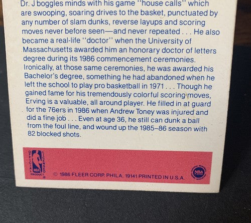 1986 FLEER STICKER JULIUS ERVING DR J #5 Nm Near Mint CENTERED No Wax On Back