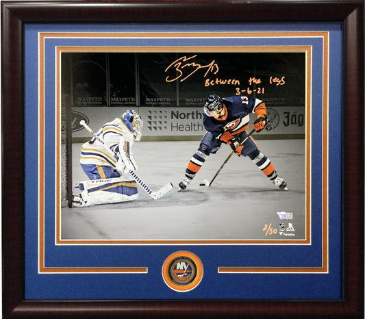 Mathew Barzal Islanders Signed Between Legs Goal 11x14 Photo Framed Fanatics /50