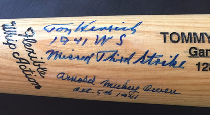 Tom Henrich Mickey Owen Signed Adirondack Bat 1941 World Series JSA Le /41 Auto