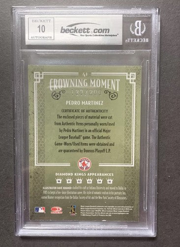 2005 Donruss Diamond Kings Pedro Martinez Bgs 10 MT On Card # 45 Auto Jersey 1/1