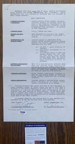 Kirby Puckett signed Twins Original Contract Sports Impressions 1/1 Auto HOF Psa