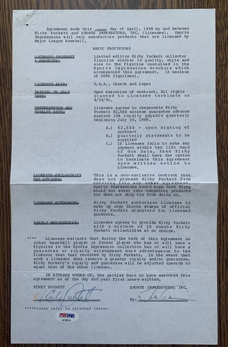 Kirby Puckett signed Twins Original Contract Sports Impressions 1/1 Auto HOF Psa