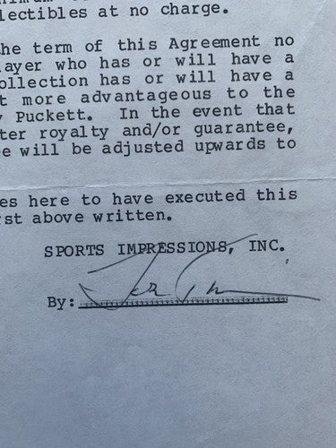 Kirby Puckett signed Twins Original Contract Sports Impressions 1/1 Auto HOF Psa