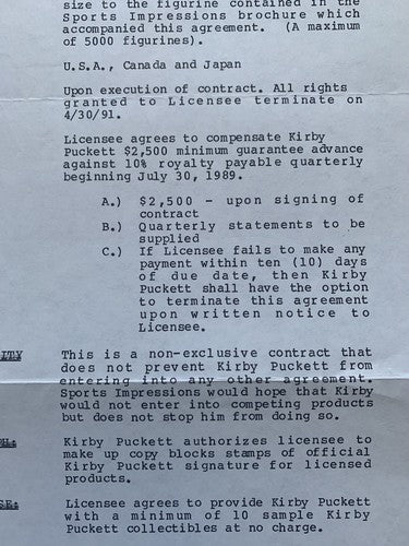 Kirby Puckett signed Twins Original Contract Sports Impressions 1/1 Auto HOF Psa